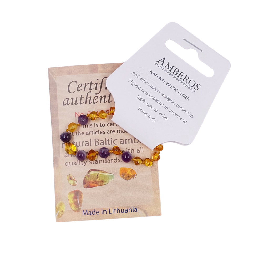 Pulsera Ámbar para Bebé con Cuarzo Amatista. Certificado Dentición
