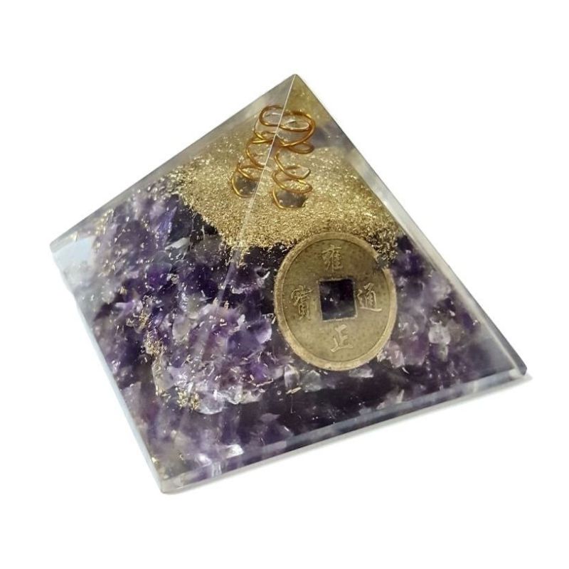 Pirámide Orgón Amatista con Moneda Feng Shui 7 x 7 cm x lado x 5.5 cm alto - Caleidoscopio