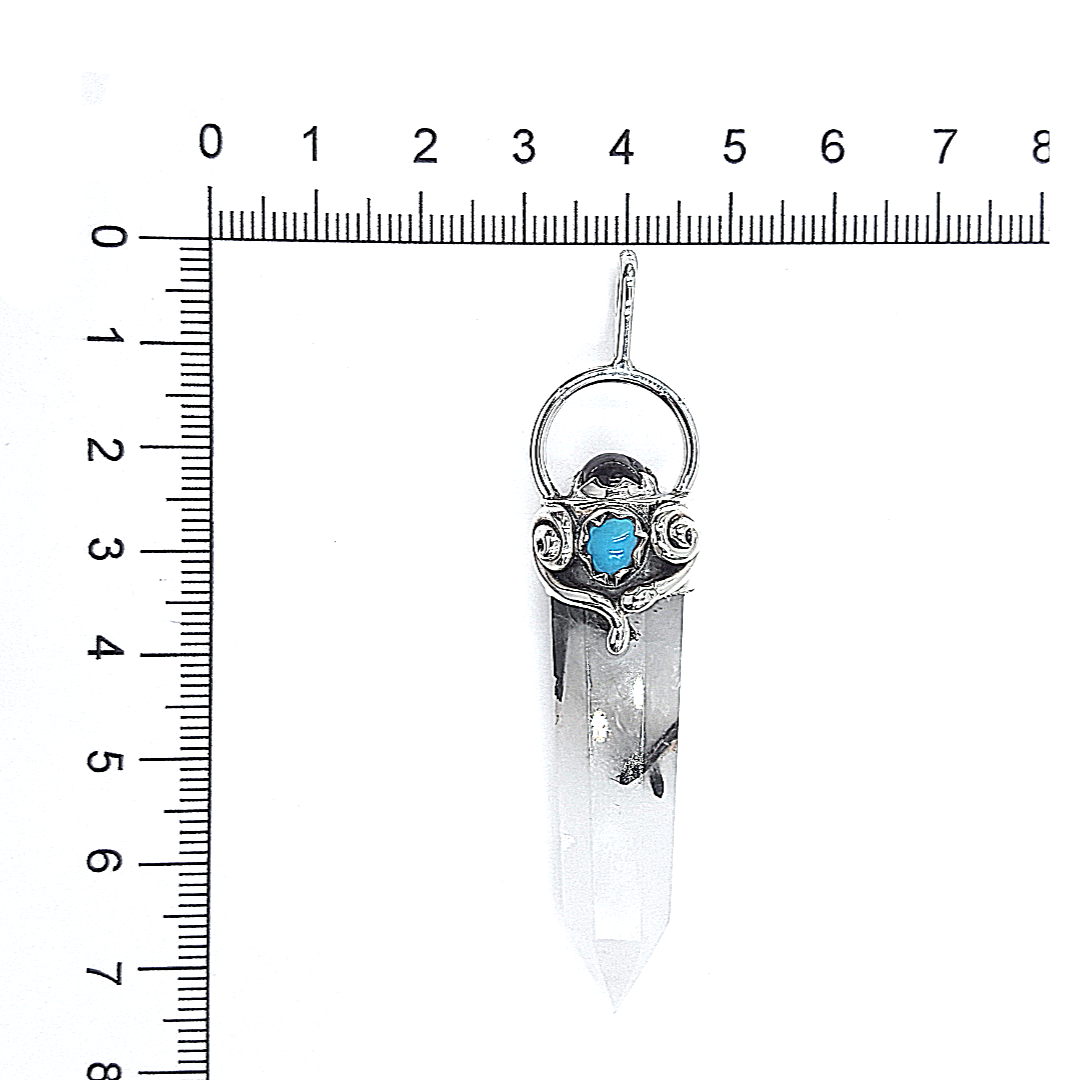 Dije Punta de Cuarzo Turmalinado con Turquesa y Amatista en Plata 925