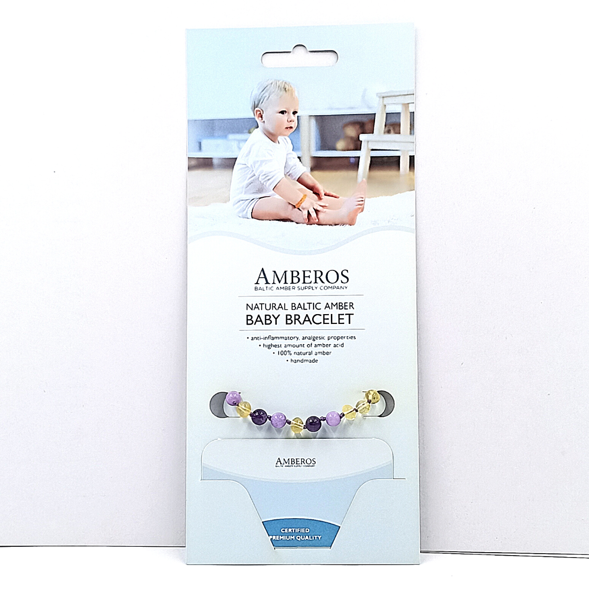 Pulsera Ámbar para Bebé con Cuarzo y jade Amatista. Certificado Dentición