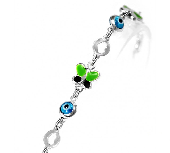 Pulsera Niños Ojo Turco y Mariposas Plata 925 Cristal y Esmalte. Hecho en Turquía - Caleidoscopio