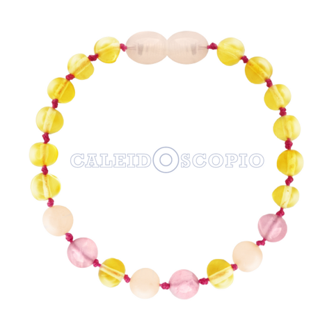 Pulsera Ámbar para Bebé con Jade y Cuarzo Rosa Certificado Dentición - Caleidoscopio