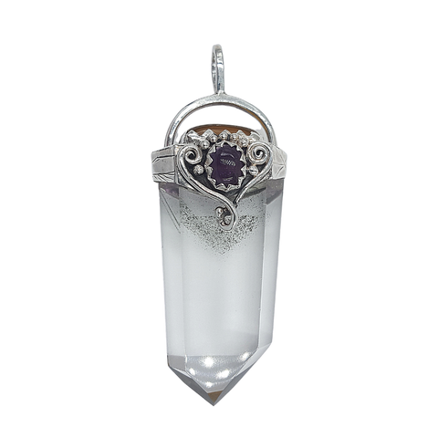 Dije de Cuarzo Blanco Cristal Fantasma con Amatista y Cornalina en Plata 925