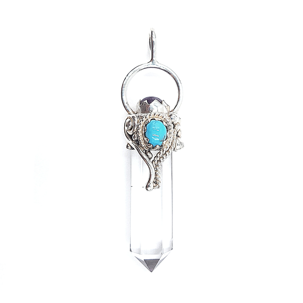 Dije Punta de Cuarzo Blanco Cristal con Amatista y Turquesa en Plata 925