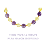 Pulsera Ámbar para Bebé con Cuarzo Amatista. Certificado Dentición