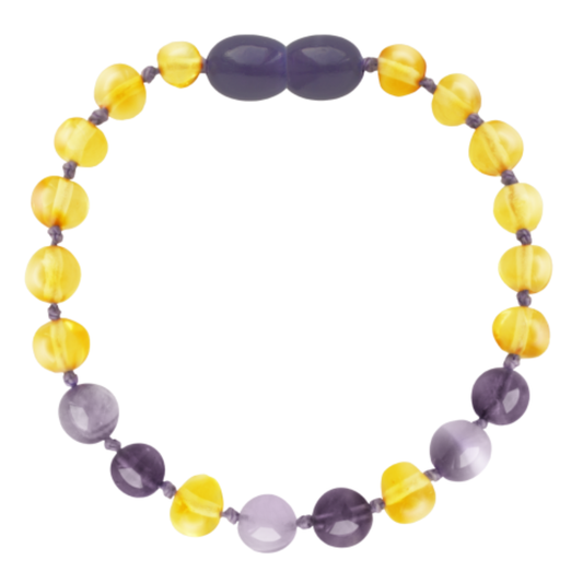 Pulsera Ámbar para Bebé con Cuarzo y jade Amatista. Certificado Dentición