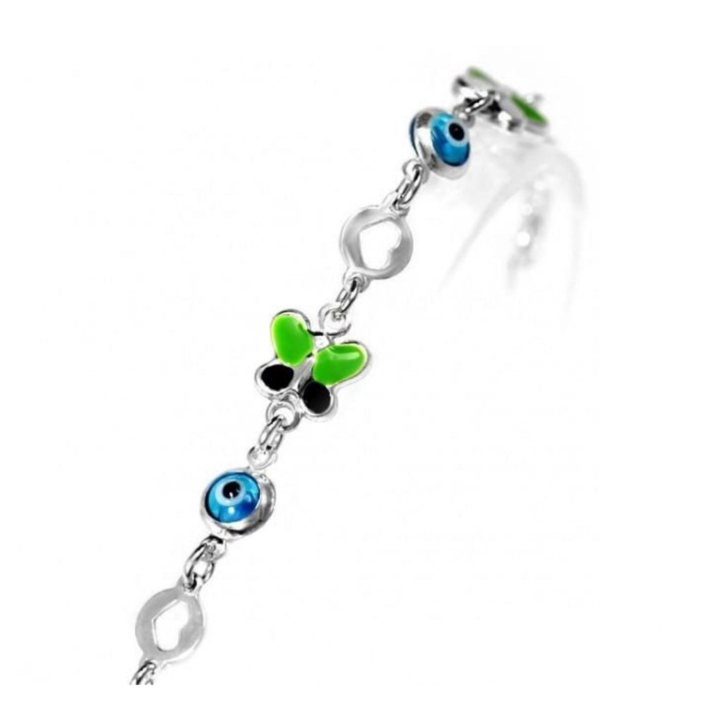 Pulsera Niños Ojo Turco y Mariposas Plata 925 Cristal y Esmalte. Hecho en Turquía